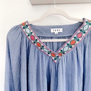 THML Light Blue Embroidered Neck Line Flowy Cuff Sleeve Top